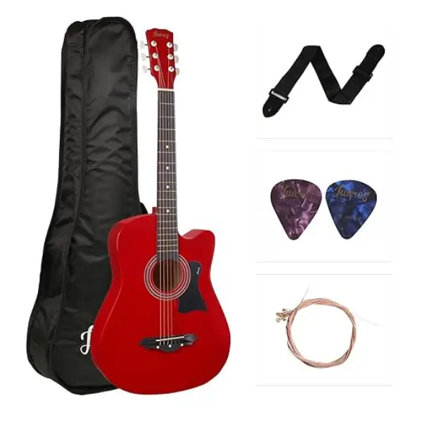 Juârez Acoustic Guitar, 38 Inch Cutaway, JRZ38C with Bag, Strings, Pick and Strap, Red